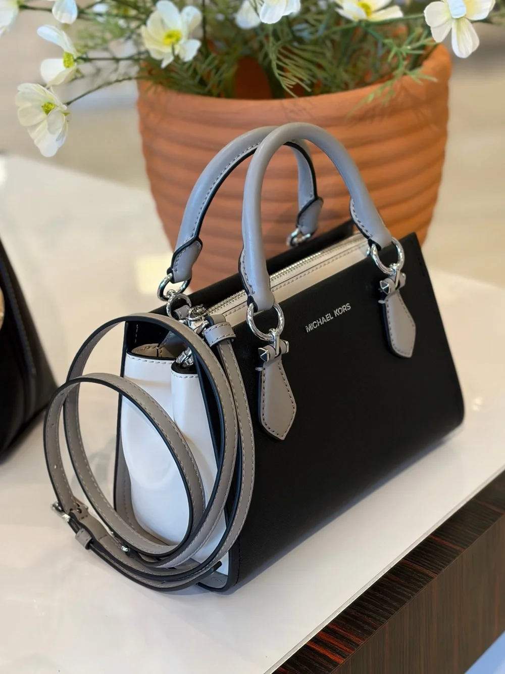 MICHAEL KORS Black, Light Gray and White Satchel
